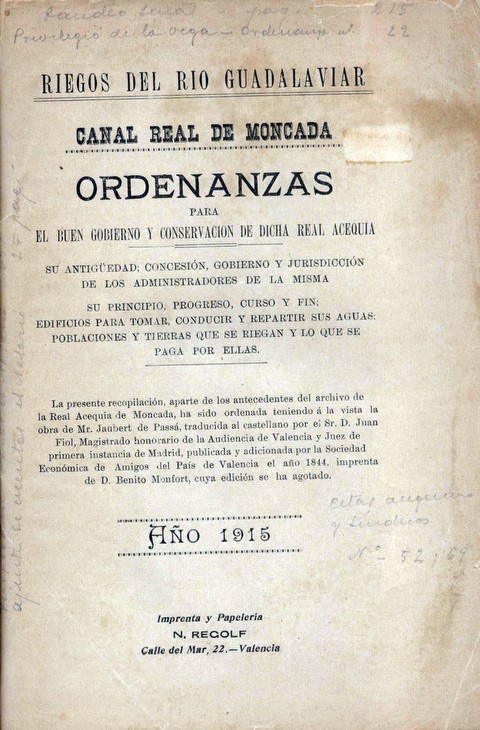 Ordenances de la Reial Séquia de Montcada (1915). 